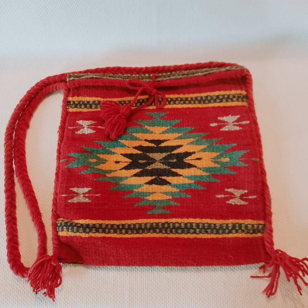 Boho Red Geometric Handwoven Wool Shoulder Bag, 12" x 12"